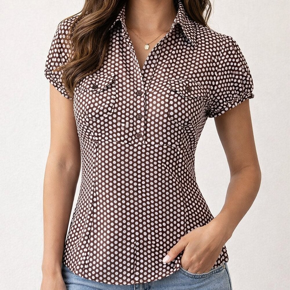 Vintage 90s Brown White Polka Dot Satin Fitted Blouse Puff Sleeve M
